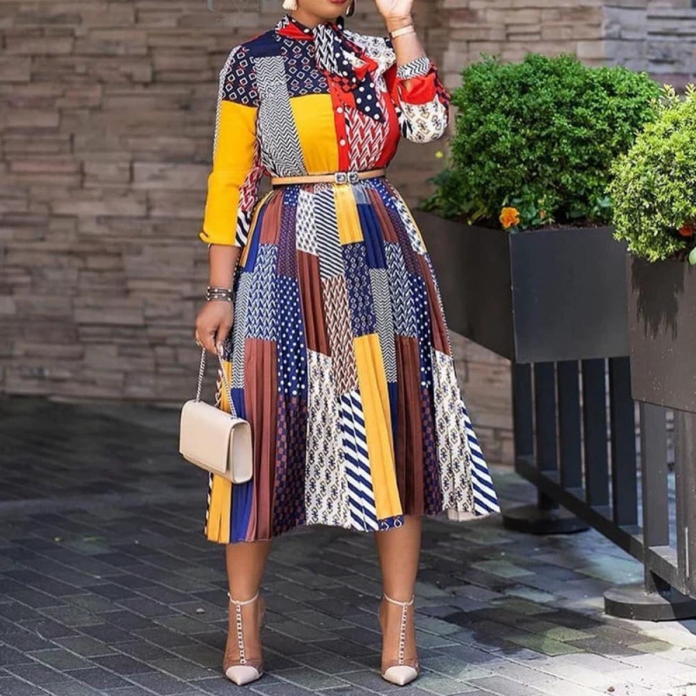 ZARA Spring Summer African Print Bow Collar Three Quarter Sleeve Midi Dress